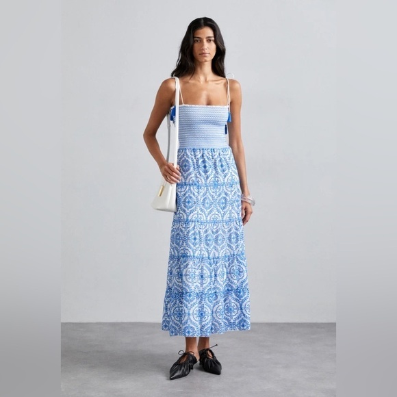 ALICE & OLIVIA Marna Mixed Blue Embroidery Smocked Sundress 12 - Picture 2 of 11